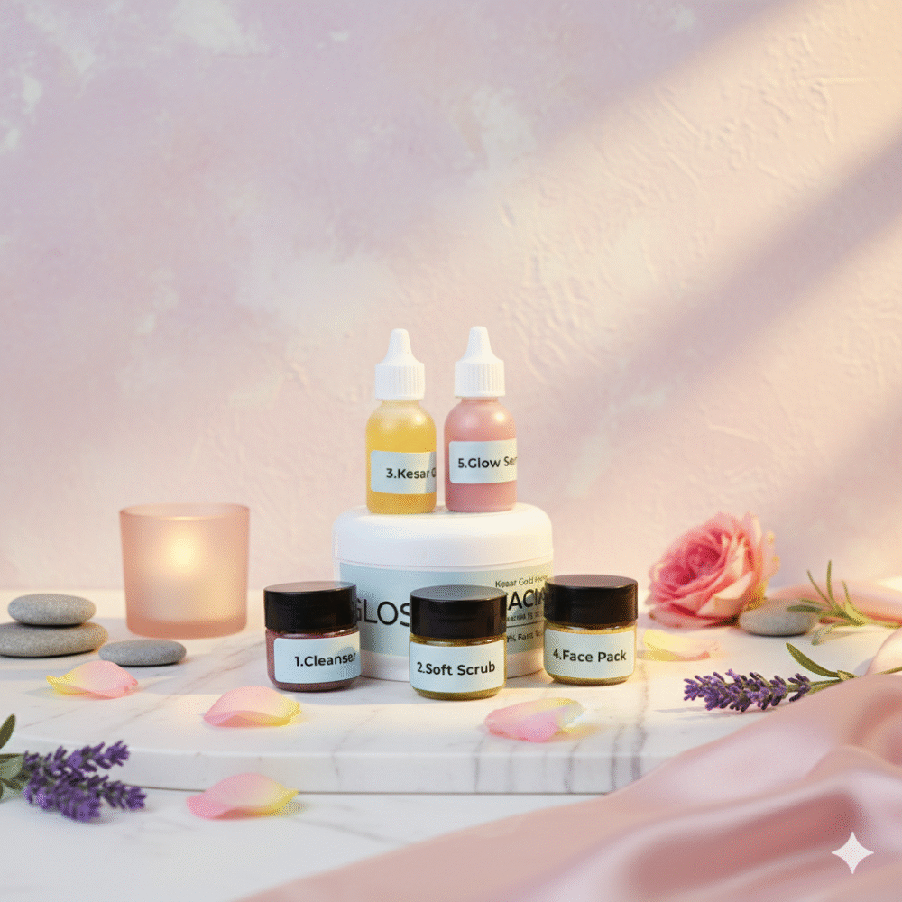 Glosar Kesar Gold Herbal Facial Kit – Removes Dirt and Impurities – Cleanser, Soft Scrub and Face Pack (100g)